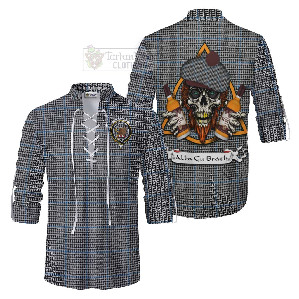 Tartan Vibes Clothing Gladstone (Gladstanes) Tartan Ghillie Kilt Shirt with Family Crest and Bearded Skull Holding Bottles of Whiskey