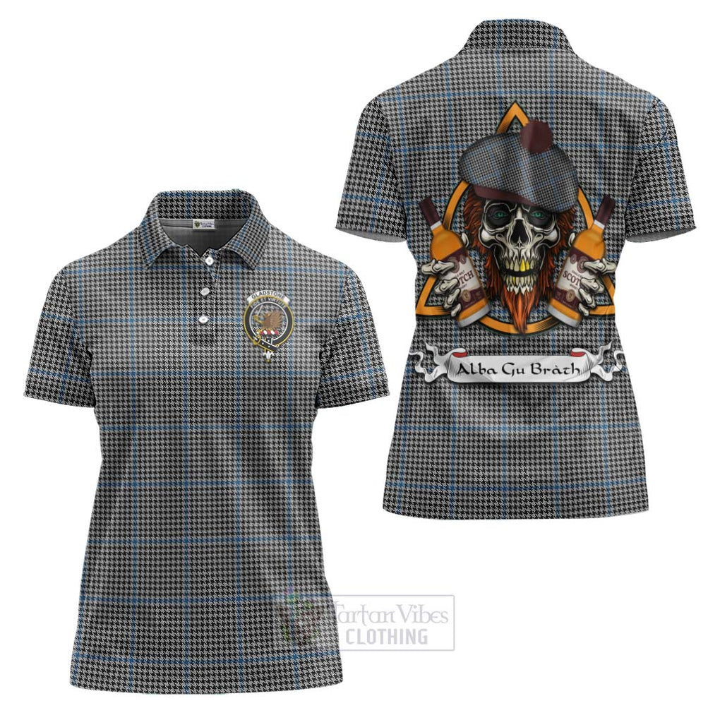 Tartan Vibes Clothing Gladstone (Gladstanes) Tartan Women's Polo Shirt with Family Crest and Bearded Skull Holding Bottles of Whiskey