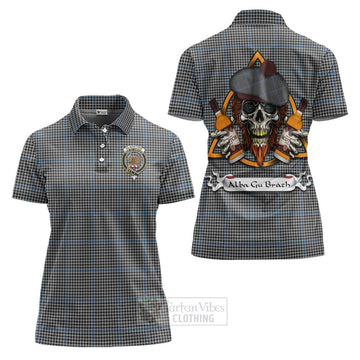 Gladstone (Gladstanes) Tartan Women's Polo Shirt with Family Crest and Bearded Skull Holding Bottles of Whiskey