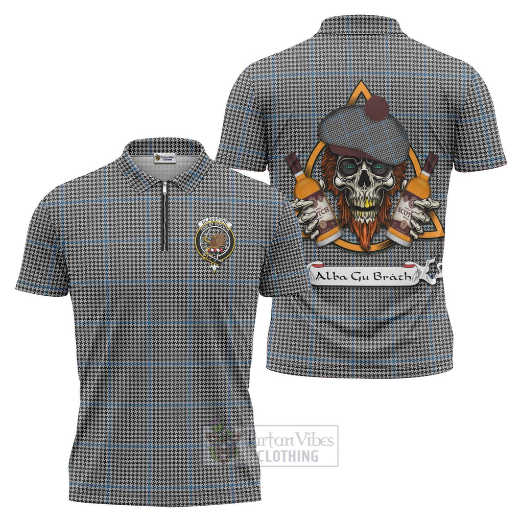 Tartan Vibes Clothing Gladstone (Gladstanes) Tartan Zipper Polo Shirt with Family Crest and Bearded Skull Holding Bottles of Whiskey