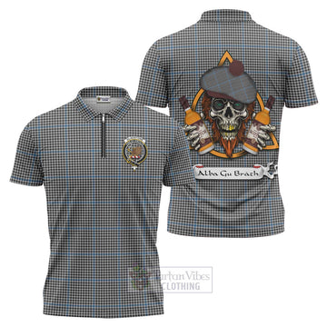 Gladstone (Gladstanes) Tartan Zipper Polo Shirt with Family Crest and Bearded Skull Holding Bottles of Whiskey