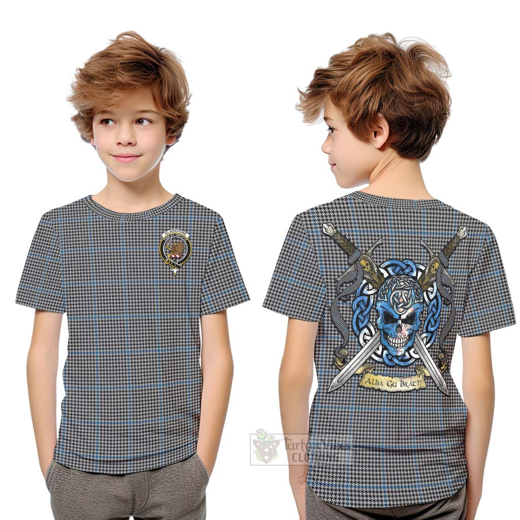 Tartan Vibes Clothing Gladstone (Gladstanes) Tartan Kid T-Shirt with Family Crest Celtic Skull Style