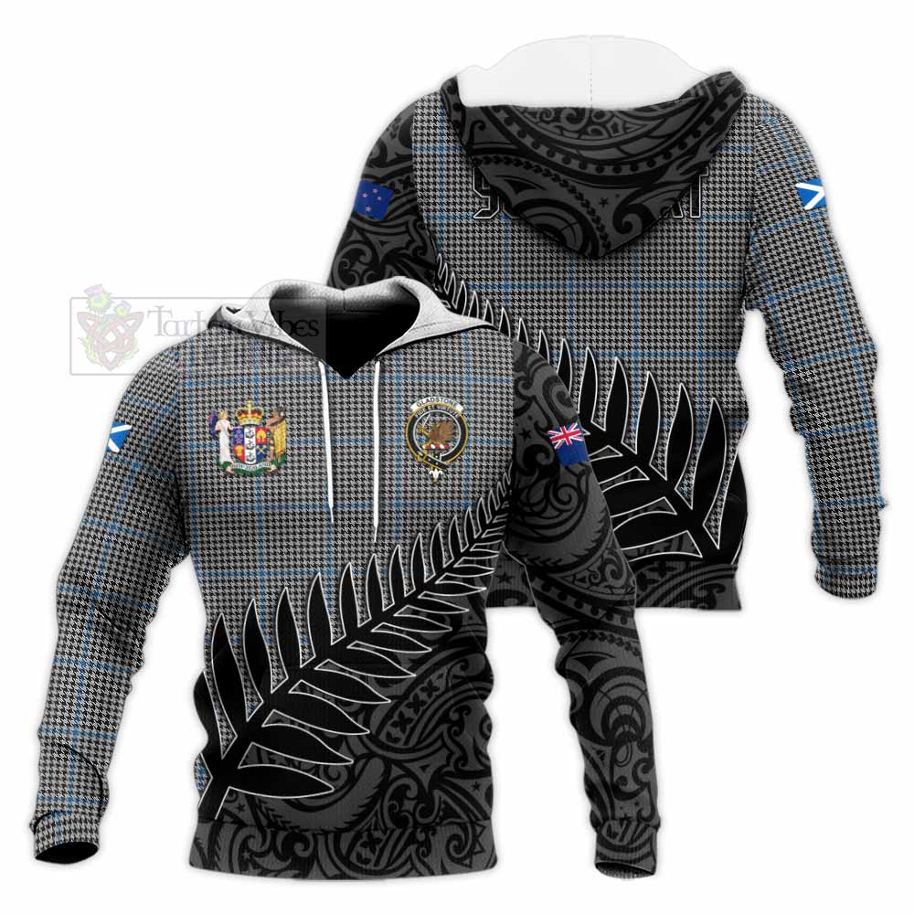 Tartan Vibes Clothing Gladstone (Gladstanes) Crest Tartan Knitted Hoodie with New Zealand Silver Fern Half Style