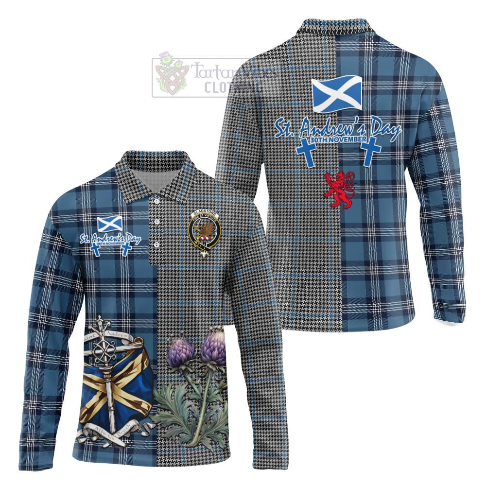 Tartan Vibes Clothing Gladstone (Gladstanes) Tartan Long Sleeve Polo Shirt Happy St. Andrew's Day Half Tartan Style