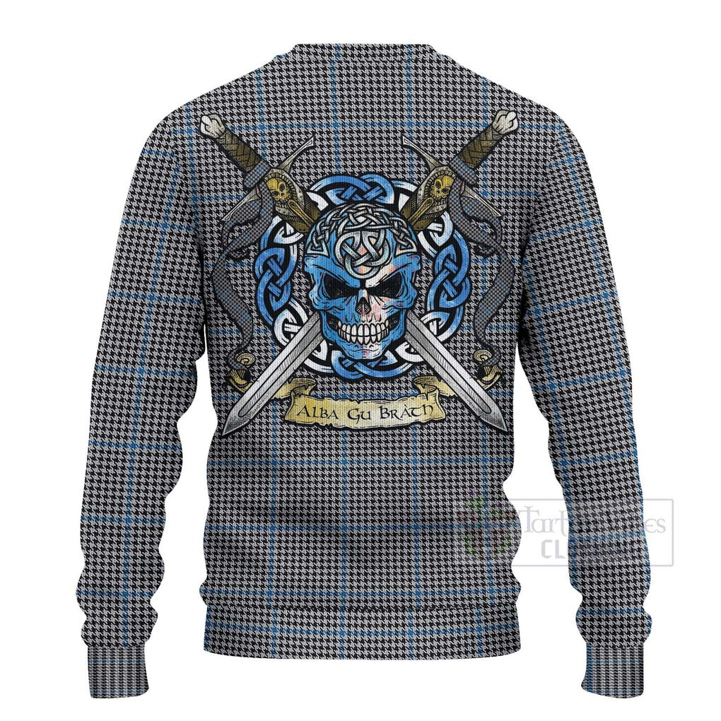 Tartan Vibes Clothing Gladstone (Gladstanes) Tartan Knitted Sweater with Family Crest Celtic Skull Style