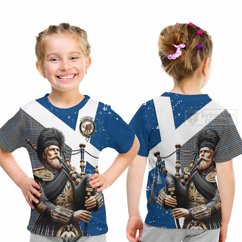 Tartan Vibes Clothing Gladstone (Gladstanes) Tartan Kid T-Shirt with Family Crest Scottish Bagpiper Vibes