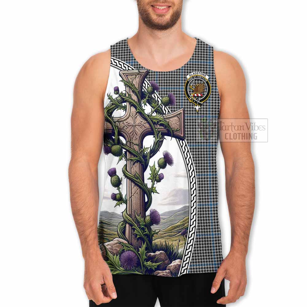 Tartan Vibes Clothing Gladstone (Gladstanes) Tartan Men's Tank Top with Family Crest and St. Andrew's Cross Accented by Thistle Vines