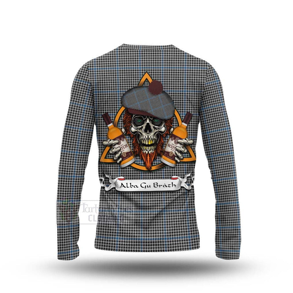 Tartan Vibes Clothing Gladstone (Gladstanes) Tartan Long Sleeve T-Shirt with Family Crest and Bearded Skull Holding Bottles of Whiskey