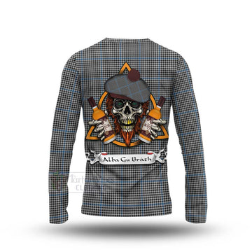 Gladstone (Gladstanes) Tartan Long Sleeve T-Shirt with Family Crest and Bearded Skull Holding Bottles of Whiskey