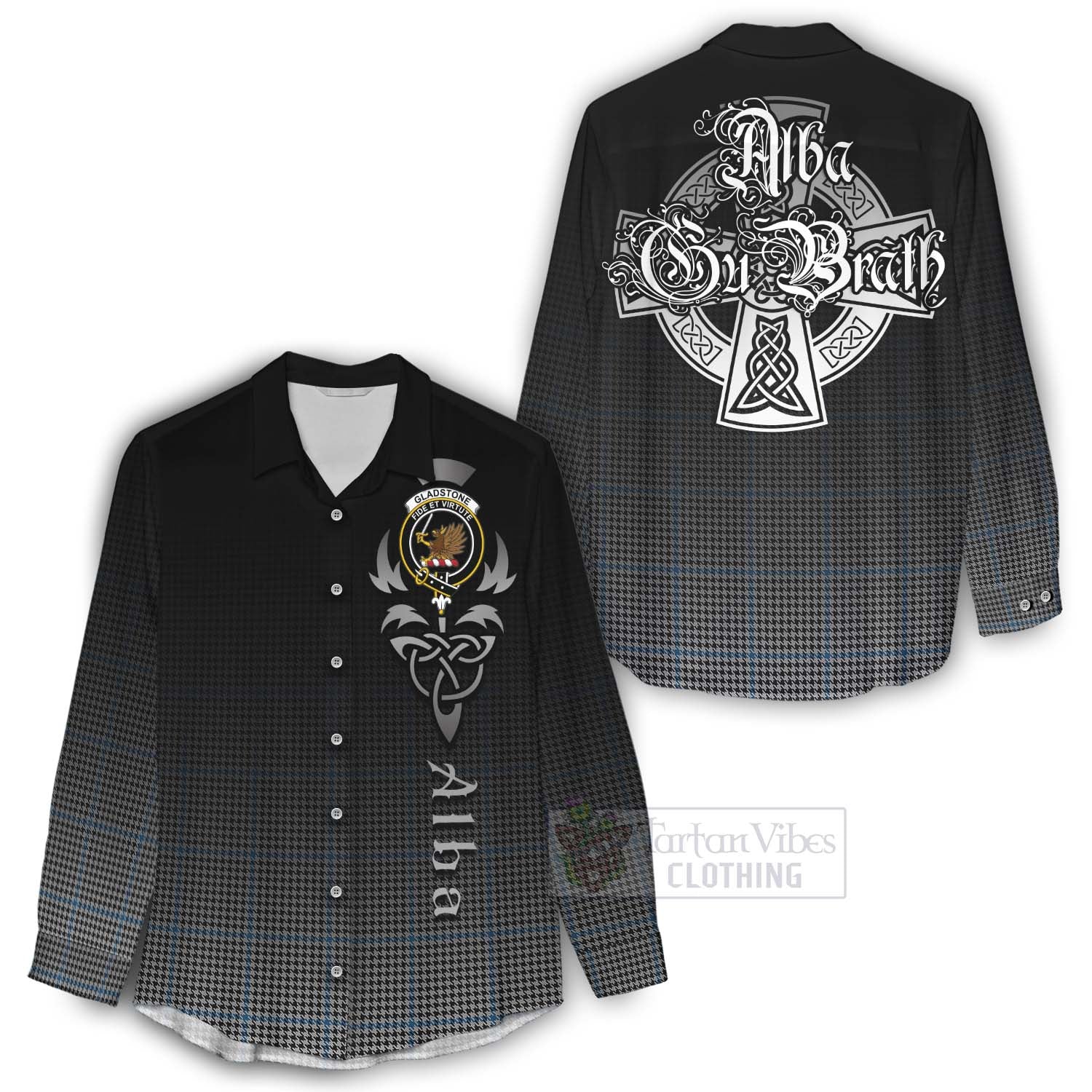 Tartan Vibes Clothing Gladstone (Gladstanes) Tartan Women's Casual Shirt Featuring Alba Gu Brath Family Crest Celtic Inspired