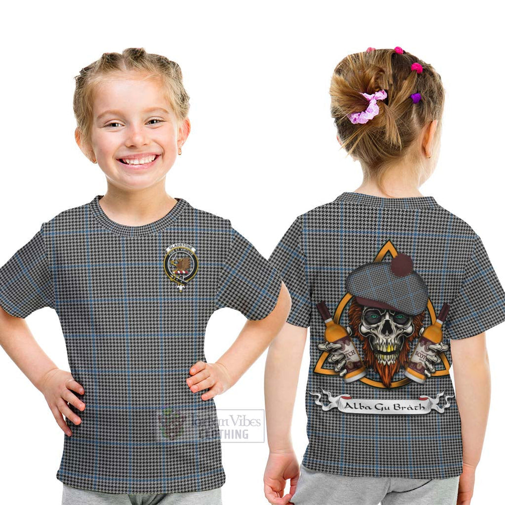 Tartan Vibes Clothing Gladstone (Gladstanes) Tartan Kid T-Shirt with Family Crest and Bearded Skull Holding Bottles of Whiskey