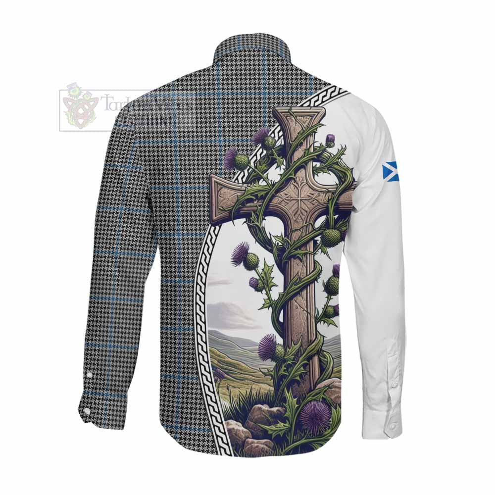 Tartan Vibes Clothing Gladstone (Gladstanes) Tartan Long Sleeve Button Shirt with Family Crest and St. Andrew's Cross Accented by Thistle Vines