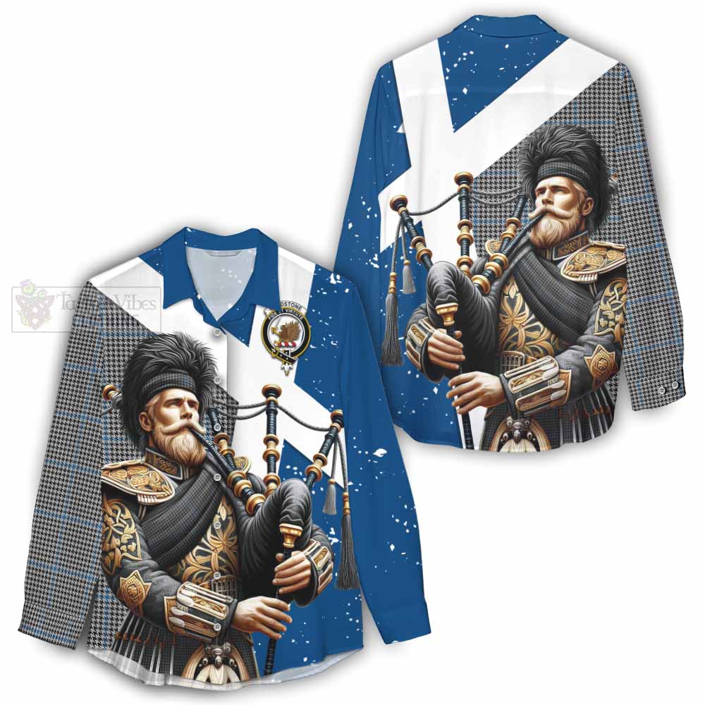 Tartan Vibes Clothing Gladstone (Gladstanes) Tartan Women's Casual Shirt with Family Crest Scottish Bagpiper Vibes