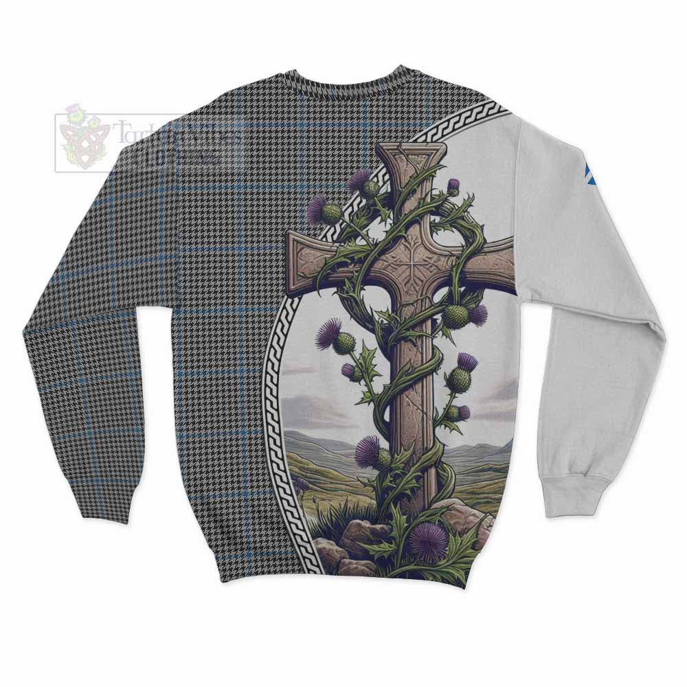 Tartan Vibes Clothing Gladstone (Gladstanes) Tartan Sweatshirt with Family Crest and St. Andrew's Cross Accented by Thistle Vines