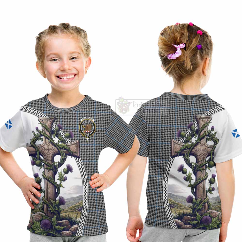 Tartan Vibes Clothing Gladstone (Gladstanes) Tartan Kid T-Shirt with Family Crest and St. Andrew's Cross Accented by Thistle Vines