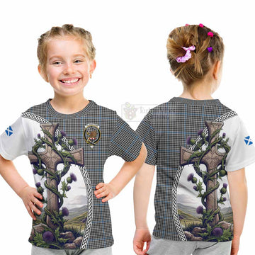 Gladstone (Gladstanes) Tartan Kid T-Shirt with Family Crest and St. Andrew's Cross Accented by Thistle Vines