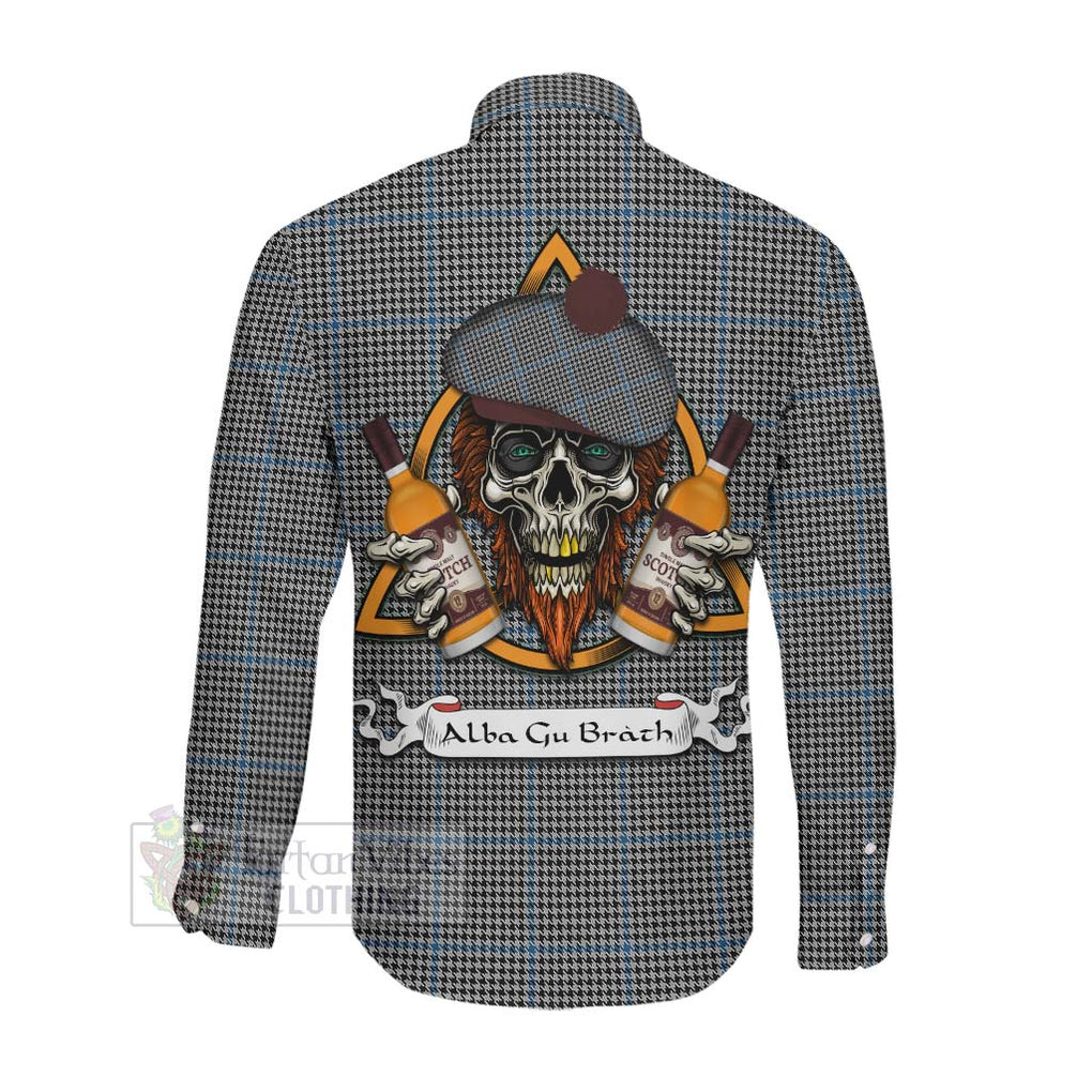 Tartan Vibes Clothing Gladstone (Gladstanes) Tartan Long Sleeve Button Shirt with Family Crest and Bearded Skull Holding Bottles of Whiskey