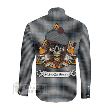 Gladstone (Gladstanes) Tartan Long Sleeve Button Shirt with Family Crest and Bearded Skull Holding Bottles of Whiskey