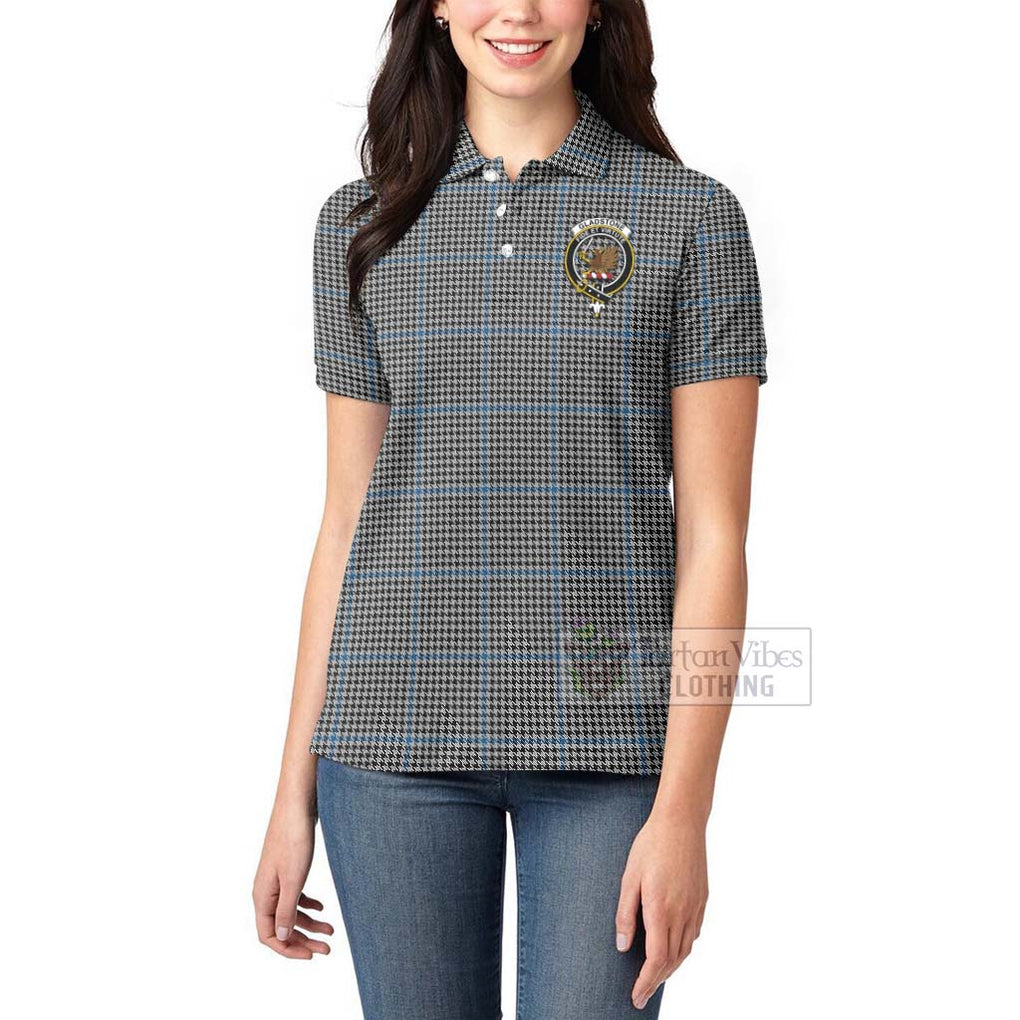 Tartan Vibes Clothing Gladstone (Gladstanes) Tartan Women's Polo Shirt with Family Crest and Bearded Skull Holding Bottles of Whiskey