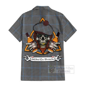 Gladstone (Gladstanes) Tartan Short Sleeve Button Shirt with Family Crest and Bearded Skull Holding Bottles of Whiskey