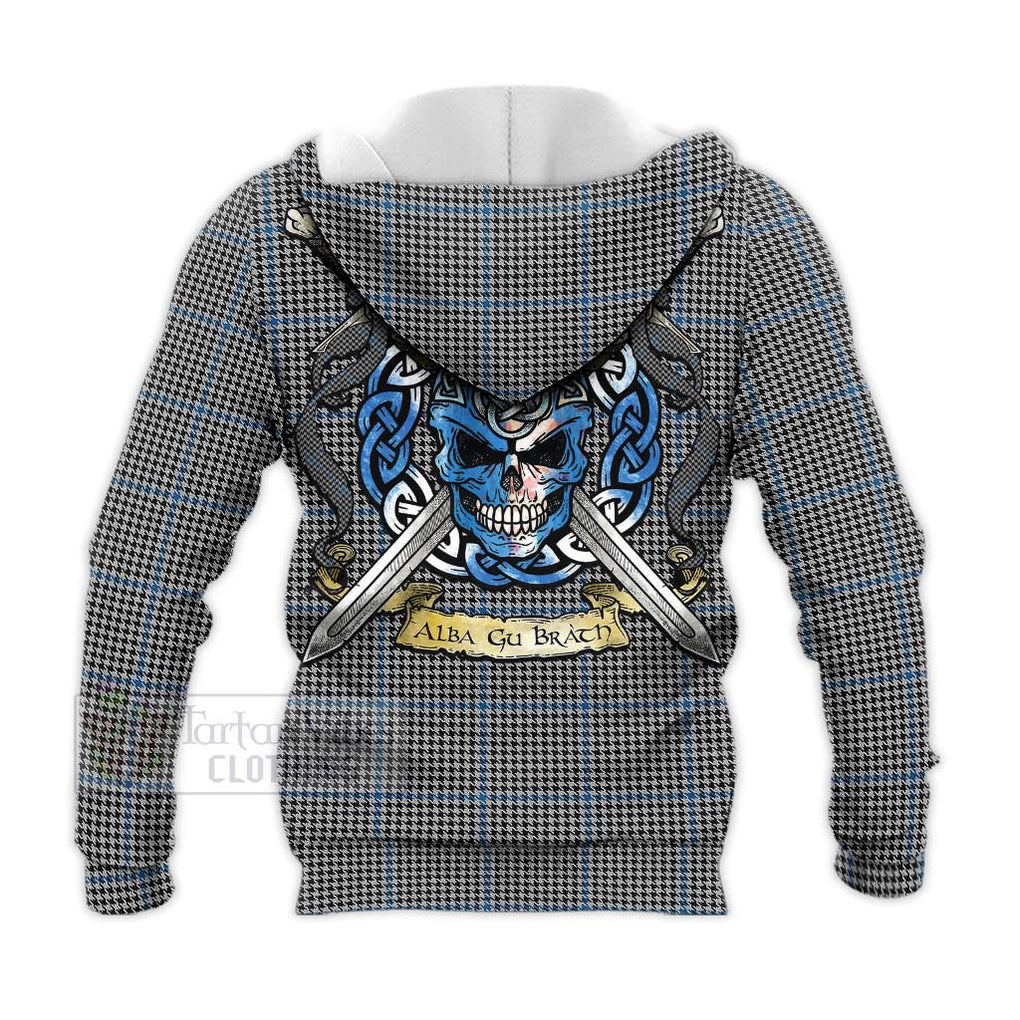 Tartan Vibes Clothing Gladstone (Gladstanes) Tartan Knitted Hoodie with Family Crest Celtic Skull Style