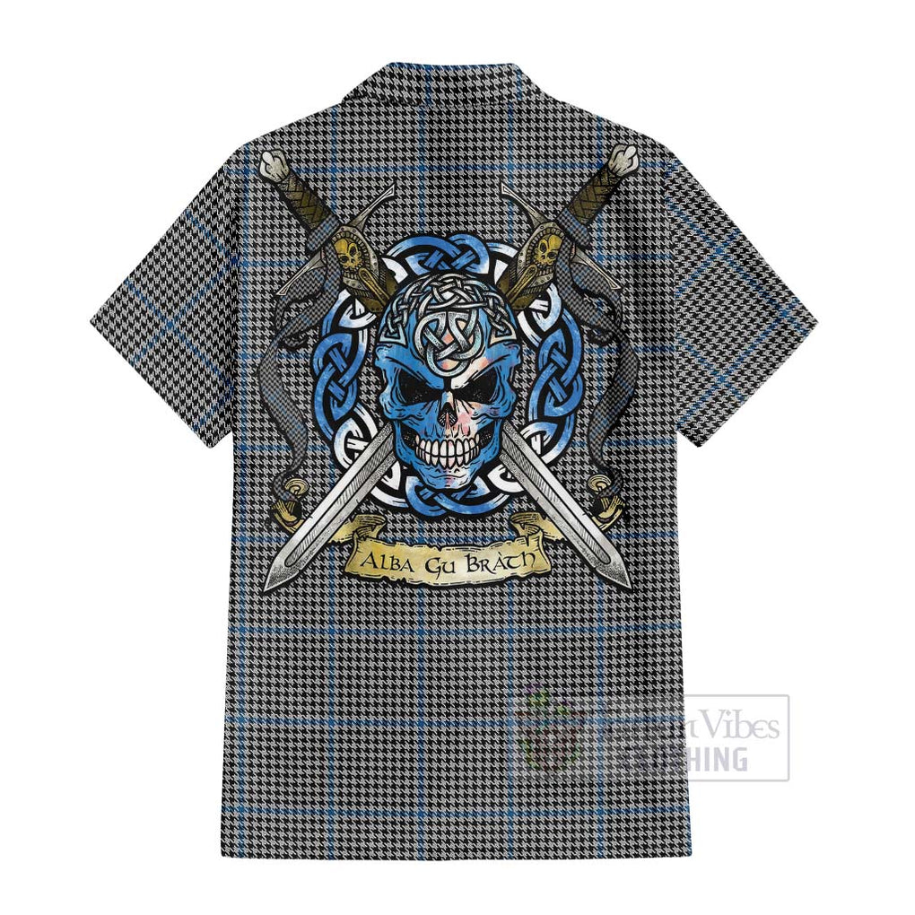 Tartan Vibes Clothing Gladstone (Gladstanes) Tartan Short Sleeve Button Shirt with Family Crest Celtic Skull Style