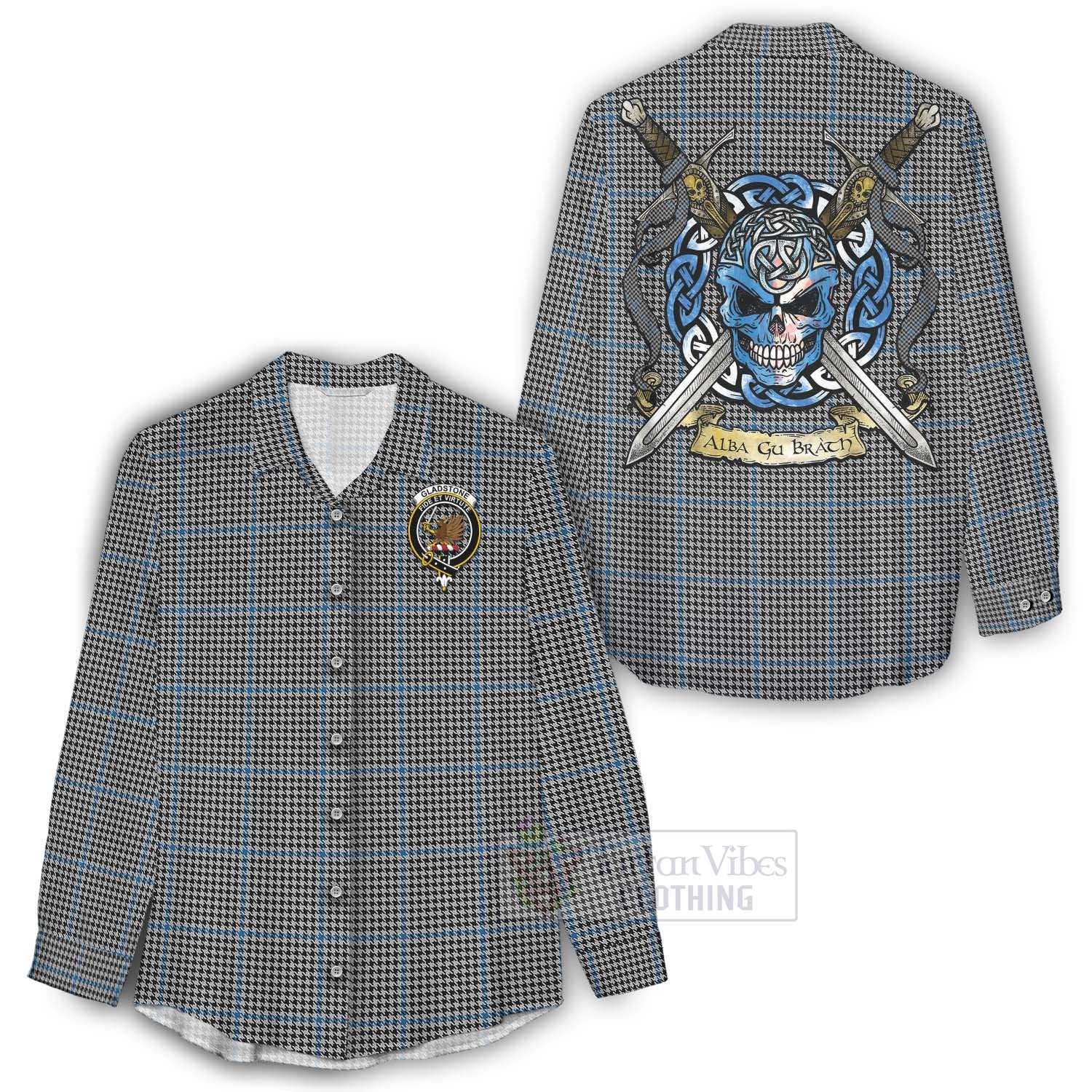 Tartan Vibes Clothing Gladstone (Gladstanes) Tartan Women's Casual Shirt with Family Crest Celtic Skull Style