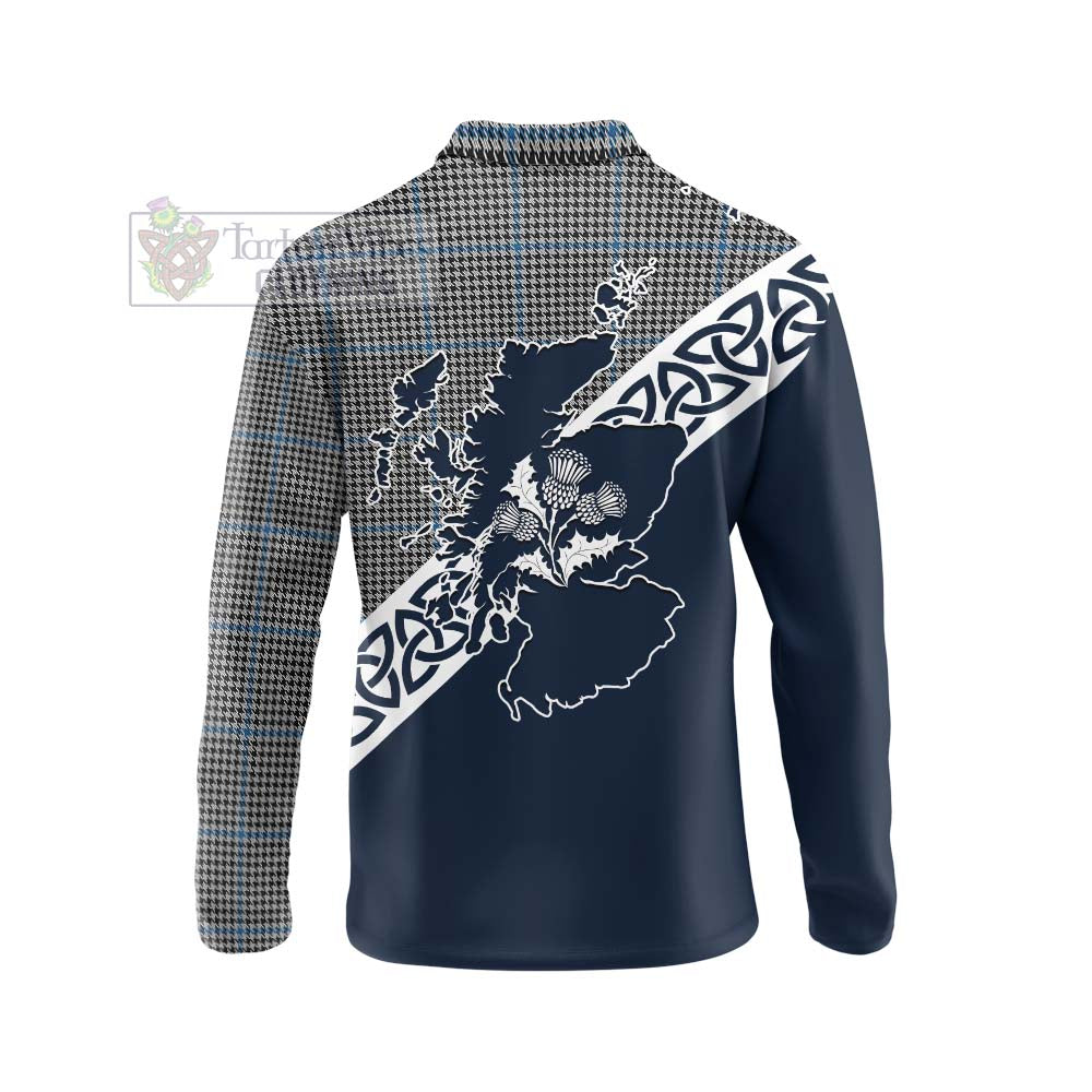 Tartan Vibes Clothing Gladstone (Gladstanes) Tartan Long Sleeve Polo Shirt Featuring Thistle and Scotland Map