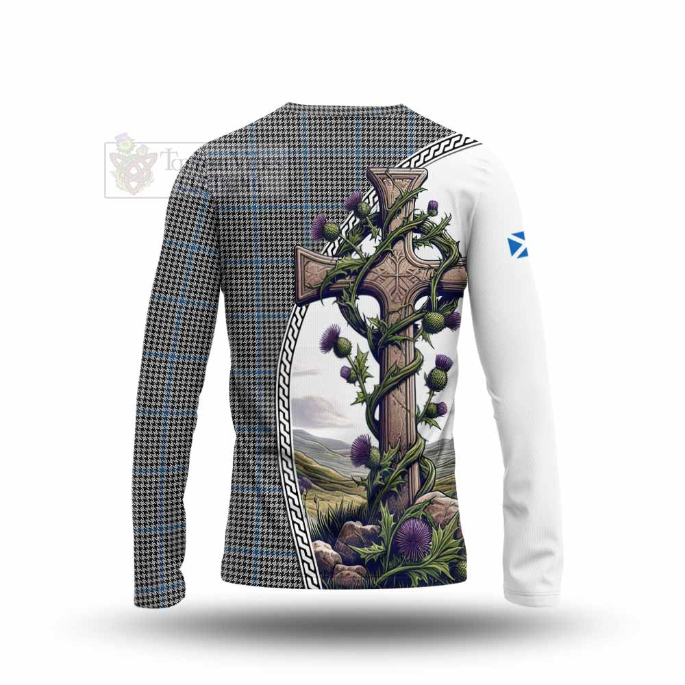 Tartan Vibes Clothing Gladstone (Gladstanes) Tartan Long Sleeve T-Shirt with Family Crest and St. Andrew's Cross Accented by Thistle Vines