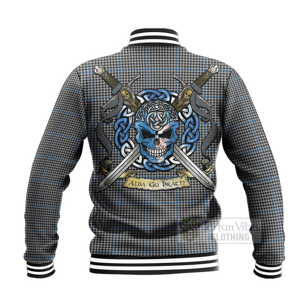 Tartan Vibes Clothing Gladstone (Gladstanes) Tartan Baseball Jacket with Family Crest Celtic Skull Style