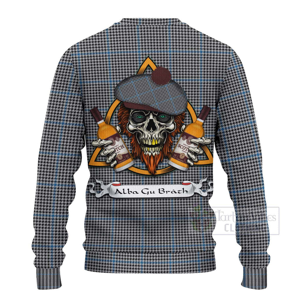 Tartan Vibes Clothing Gladstone (Gladstanes) Tartan Knitted Sweater with Family Crest and Bearded Skull Holding Bottles of Whiskey