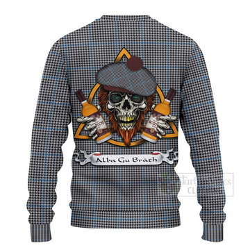 Gladstone (Gladstanes) Tartan Ugly Sweater with Family Crest and Bearded Skull Holding Bottles of Whiskey