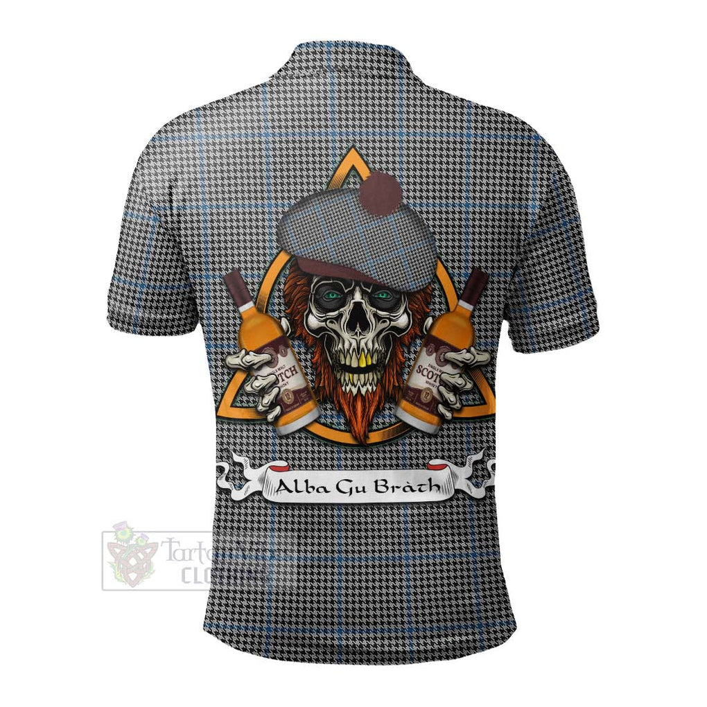 Tartan Vibes Clothing Gladstone (Gladstanes) Tartan Polo Shirt with Family Crest and Bearded Skull Holding Bottles of Whiskey