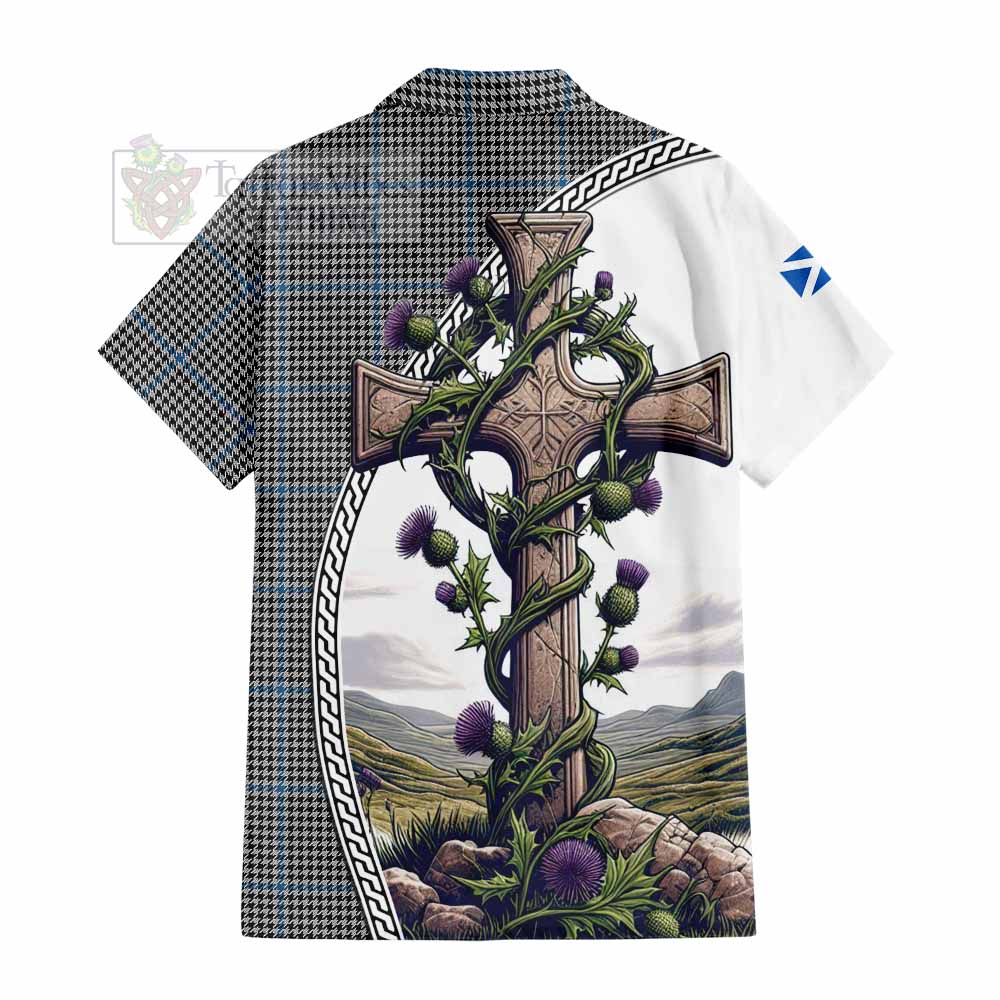 Tartan Vibes Clothing Gladstone (Gladstanes) Tartan Short Sleeve Button Shirt with Family Crest and St. Andrew's Cross Accented by Thistle Vines