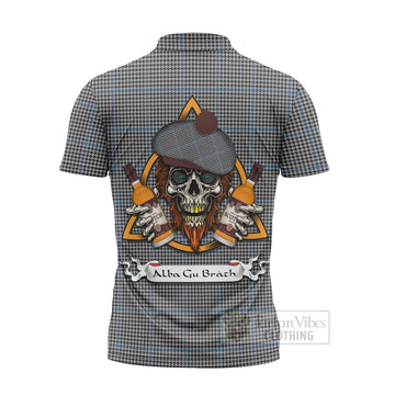 Gladstone (Gladstanes) Tartan Zipper Polo Shirt with Family Crest and Bearded Skull Holding Bottles of Whiskey