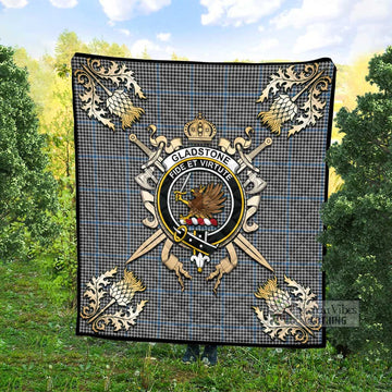 Gladstone (Gladstanes) Tartan Quilt with Family Crest and Scottish Golden Courage Shield