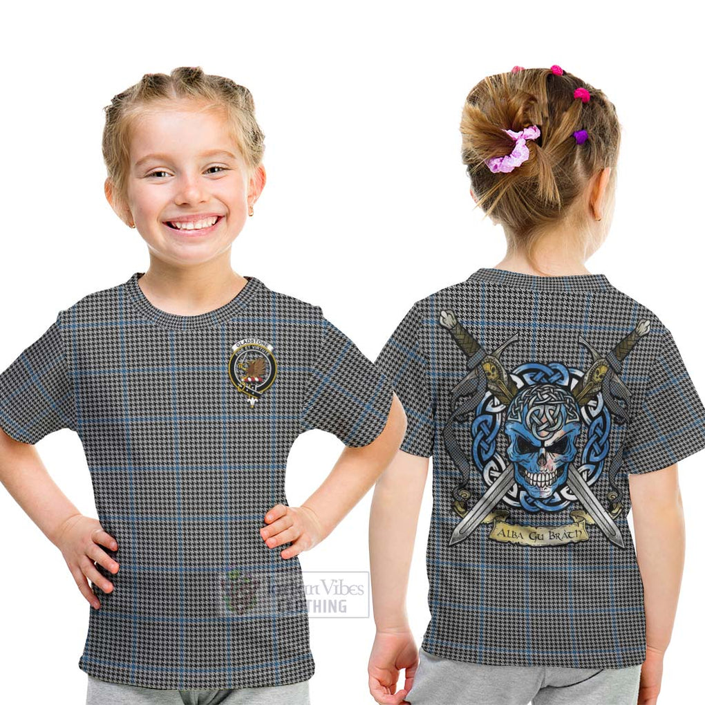 Tartan Vibes Clothing Gladstone (Gladstanes) Tartan Kid T-Shirt with Family Crest Celtic Skull Style