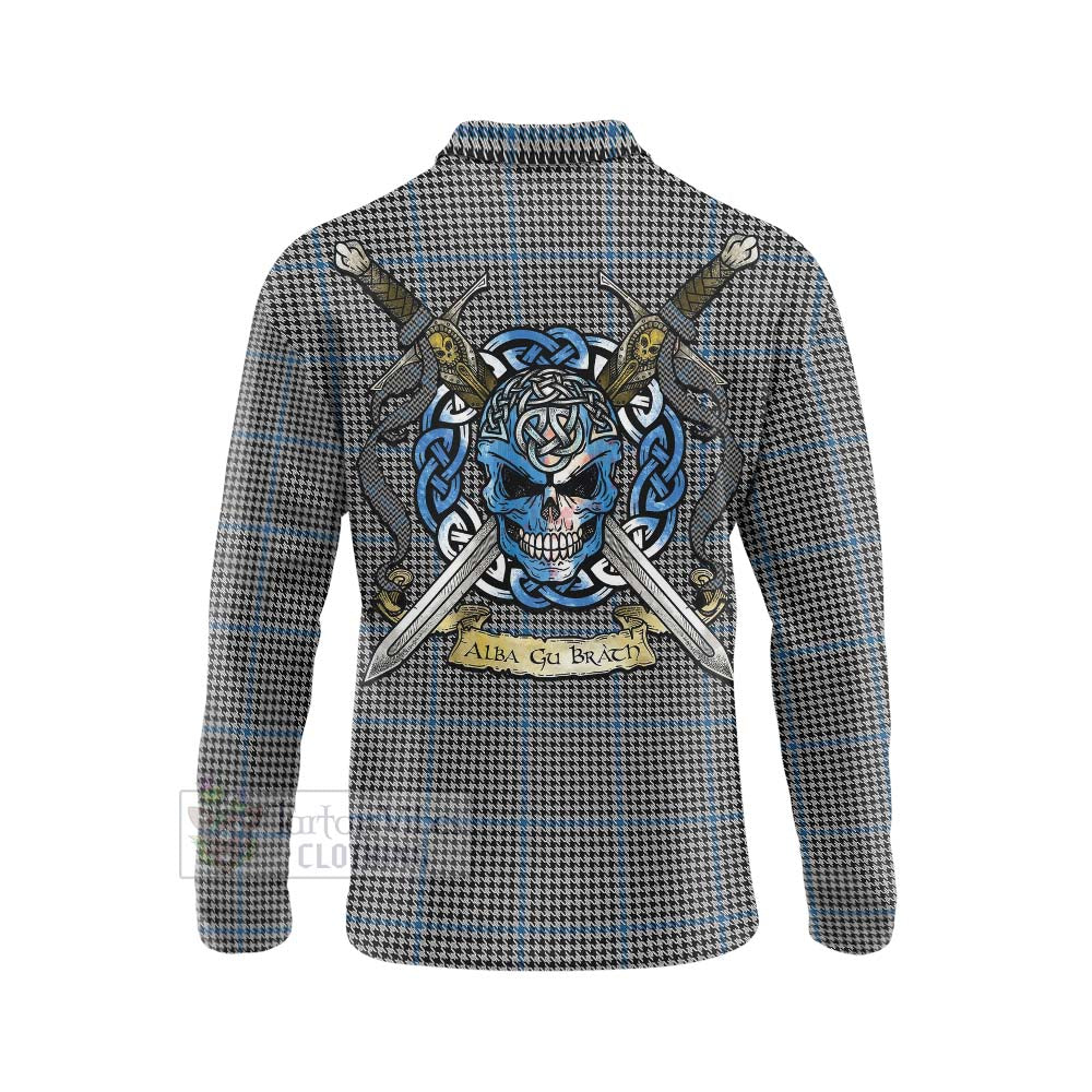 Tartan Vibes Clothing Gladstone (Gladstanes) Tartan Long Sleeve Polo Shirt with Family Crest Celtic Skull Style