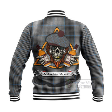 Gladstone (Gladstanes) Tartan Baseball Jacket with Family Crest and Bearded Skull Holding Bottles of Whiskey