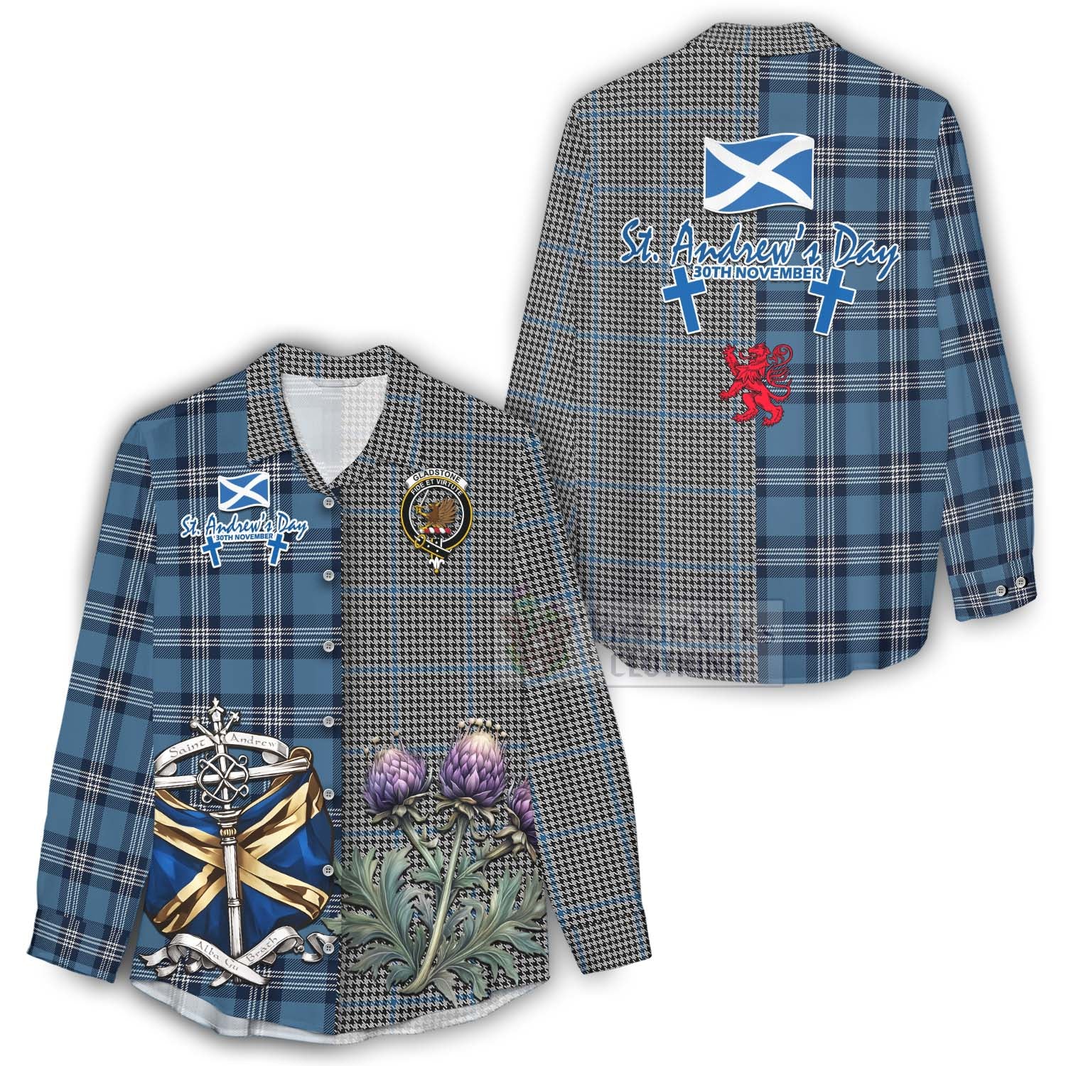 Tartan Vibes Clothing Gladstone (Gladstanes) Tartan Women's Casual Shirt Happy St. Andrew's Day Half Tartan Style