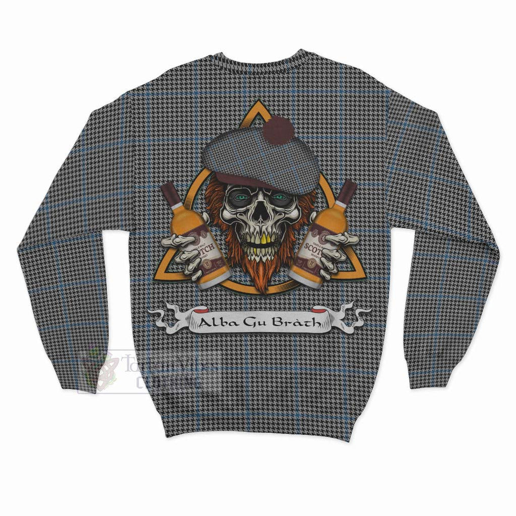 Tartan Vibes Clothing Gladstone (Gladstanes) Tartan Sweatshirt with Family Crest and Bearded Skull Holding Bottles of Whiskey