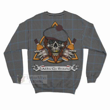 Gladstone (Gladstanes) Tartan Sweatshirt with Family Crest and Bearded Skull Holding Bottles of Whiskey