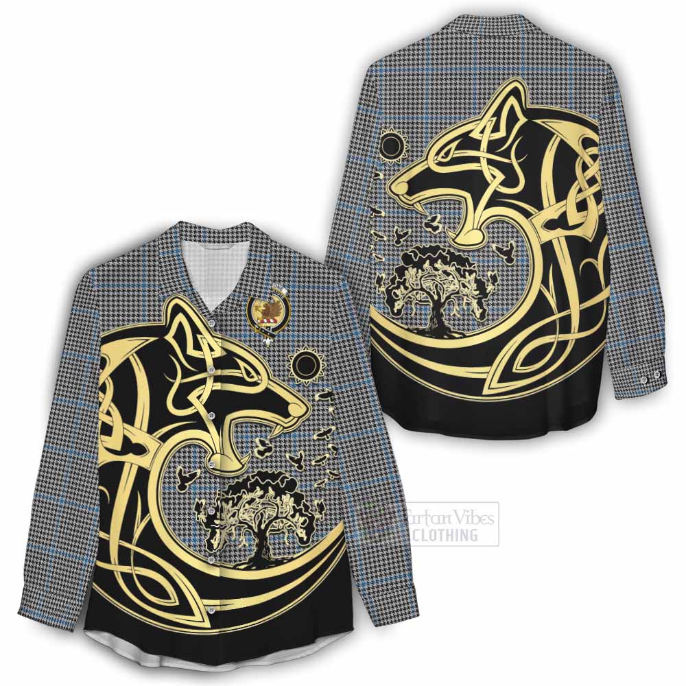 Tartan Vibes Clothing Gladstone (Gladstanes) Tartan Women's Casual Shirt with Family Crest Celtic Wolf Style