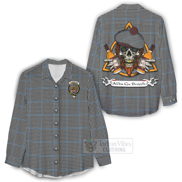 Gladstone (Gladstanes) Tartan Women's Casual Shirt with Family Crest and Bearded Skull Holding Bottles of Whiskey