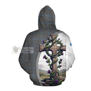 Gladstone (Gladstanes) Tartan Cotton Hoodie with Family Crest and St. Andrew's Cross Accented by Thistle Vines Pullover Hoodie - Tartan Vibes Clothing