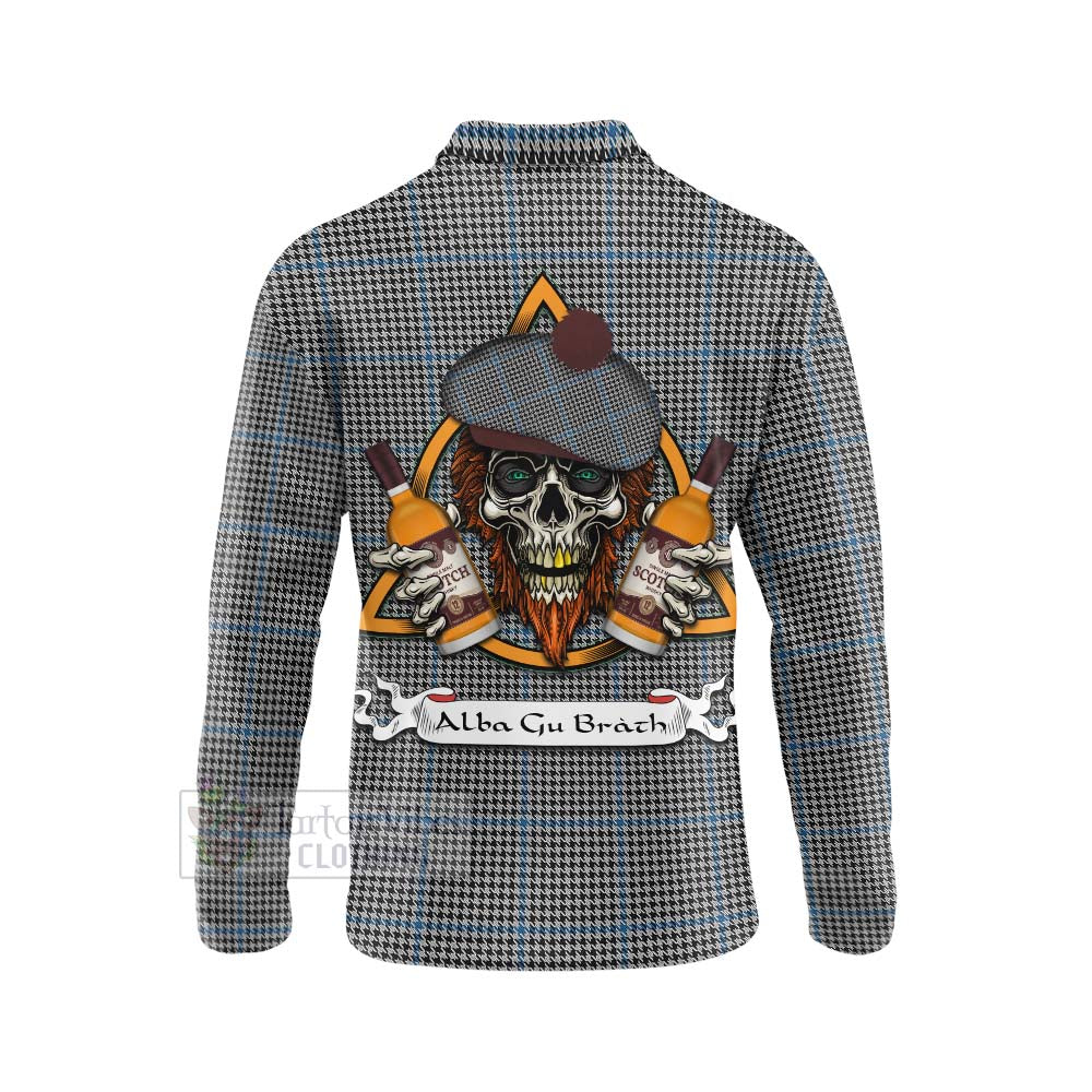 Tartan Vibes Clothing Gladstone (Gladstanes) Tartan Long Sleeve Polo Shirt with Family Crest and Bearded Skull Holding Bottles of Whiskey