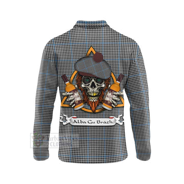 Gladstone (Gladstanes) Tartan Long Sleeve Polo Shirt with Family Crest and Bearded Skull Holding Bottles of Whiskey