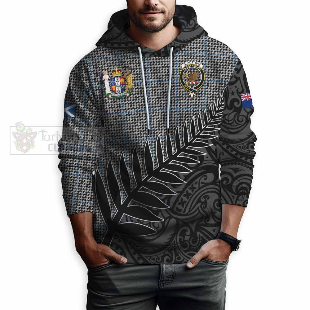 Tartan Vibes Clothing Gladstone (Gladstanes) Crest Tartan Hoodie with New Zealand Silver Fern Half Style