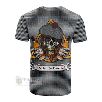 Gladstone (Gladstanes) Tartan Cotton T-shirt with Family Crest and Bearded Skull Holding Bottles of Whiskey