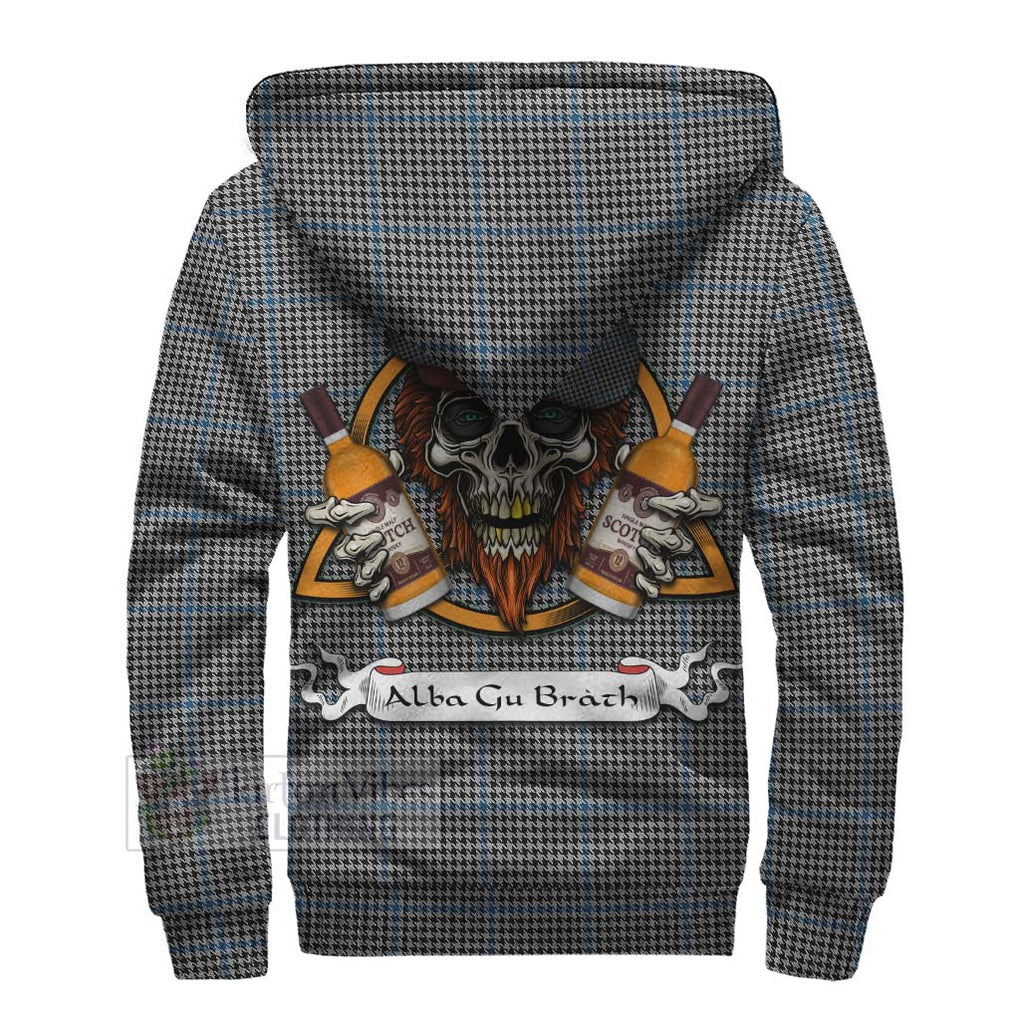 Tartan Vibes Clothing Gladstone (Gladstanes) Tartan Sherpa Hoodie with Family Crest and Bearded Skull Holding Bottles of Whiskey